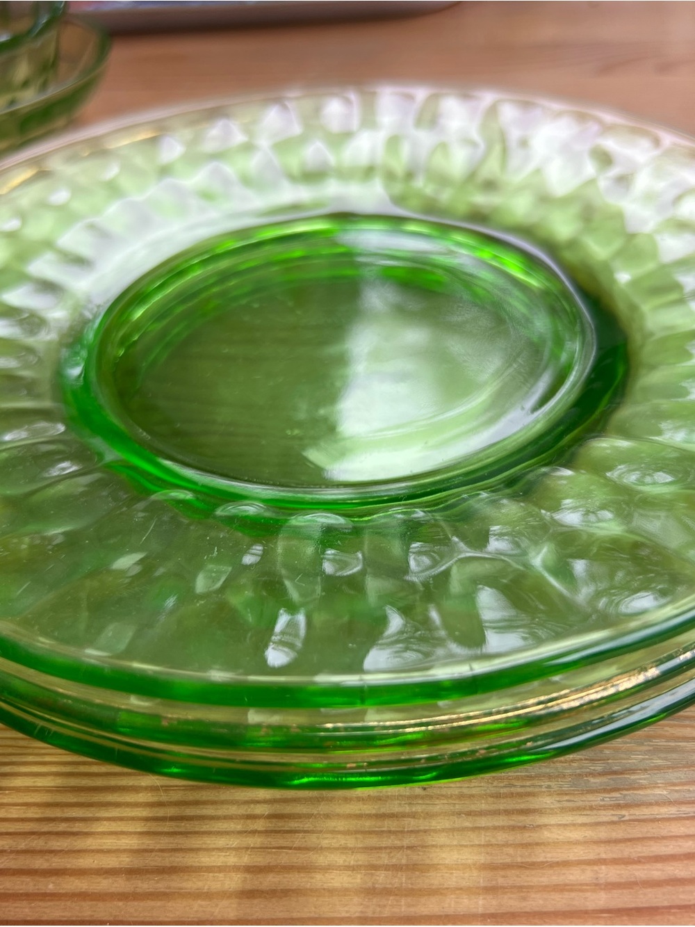 Vintage Federal Glass (unmarked) 1930s. Green glass 8” 3 x salad plates. Glows